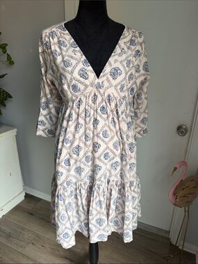 Roberta Roller Rabbit Cream Midi Dress with Blue Tile Print